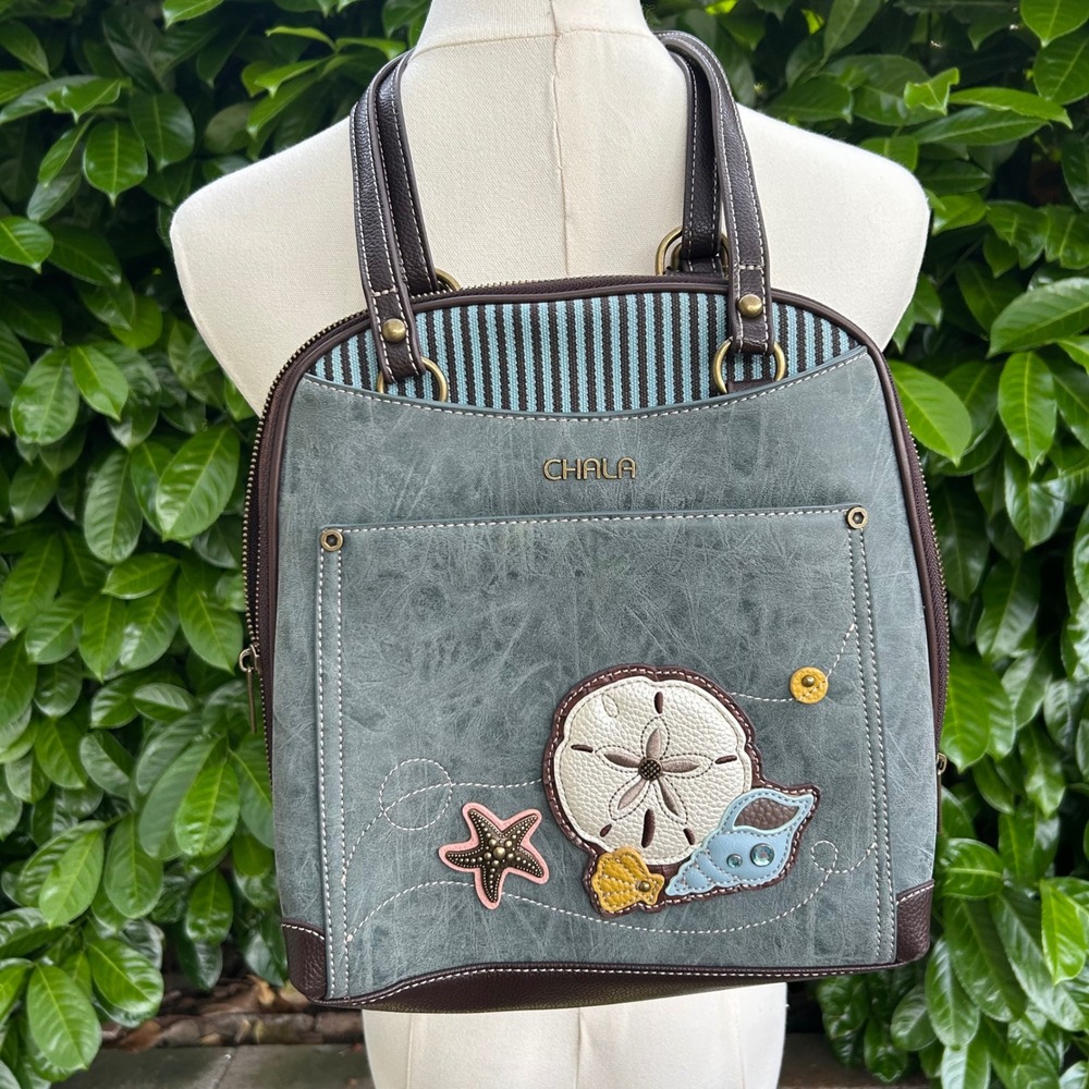 Chala Convertible Backpack Tote y2k Blue Sea Shell Sand Dollar Nautical Bag